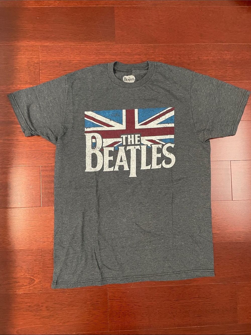 The Beatles Charcoal Gray Short Sleeve Tee with Union Jack Graphic
